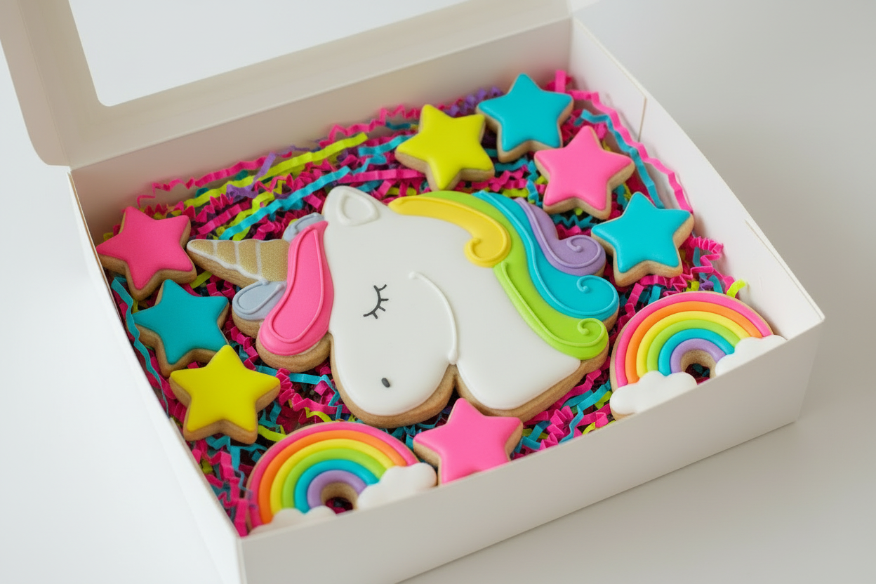 Bright Neon Unicorn Cookie Box with Stars and Rainbows
