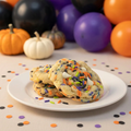 Cake batter confetti cookies with Halloween sprinkles and background