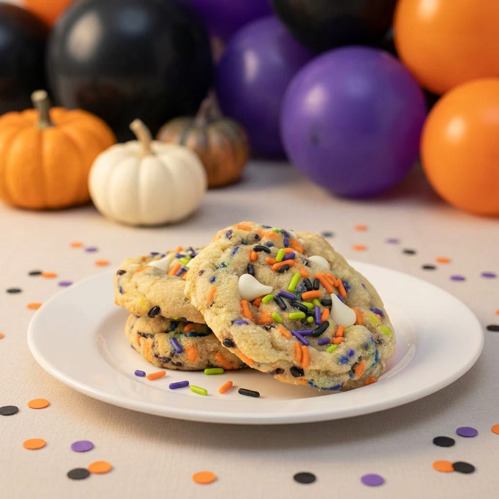 Cake batter confetti cookies with Halloween sprinkles and background