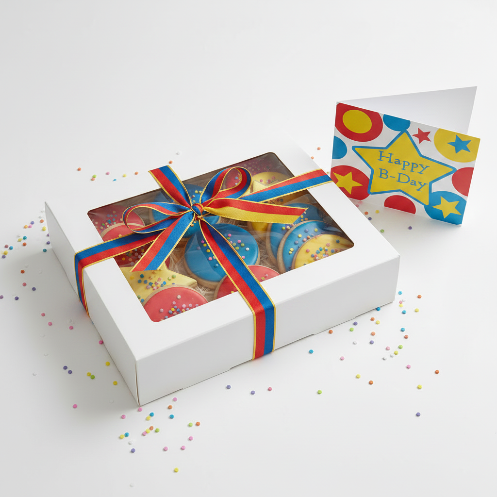 Primary colors birthday cookies in windowed gift box with matching bow and card