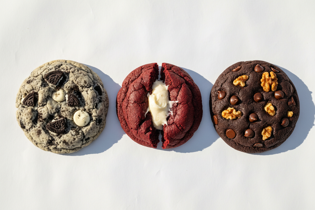 Cookies and Cream, Stuffed Red Velvet, and Chocolate Chocolate Chip Walnut cookie trio