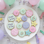 Birthday cookie platter with 12 pastel cookies