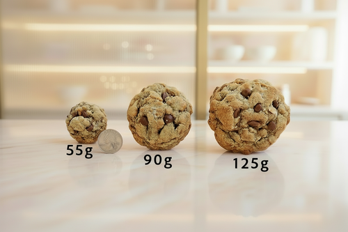 Three chocolate chip cookie sizes (55g, 90g, 125g) on marble with a quarter for scale