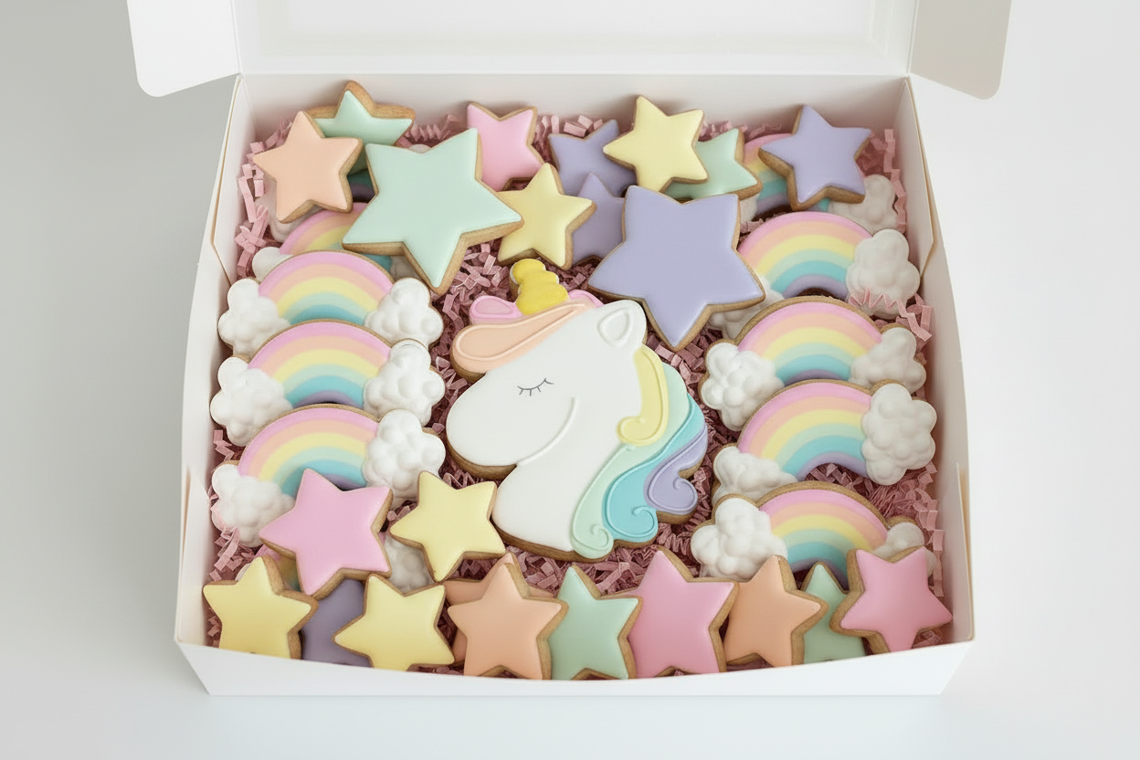 Unicorn birthday sugar cookies with stars and rainbows packed in a plain bakery box with pastel pink crinkle paper