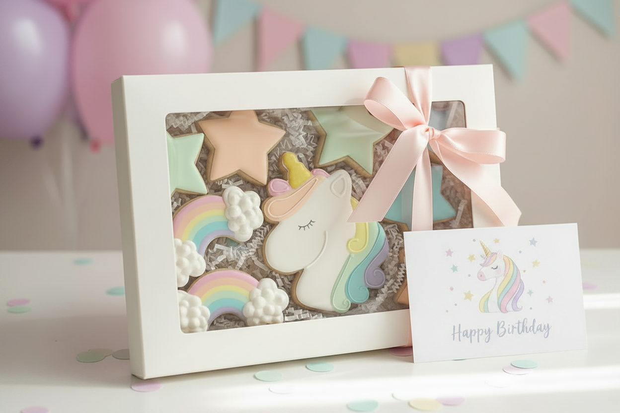 Unicorn birthday sugar cookies in a windowed gift box with pink ribbon and a unicorn birthday card