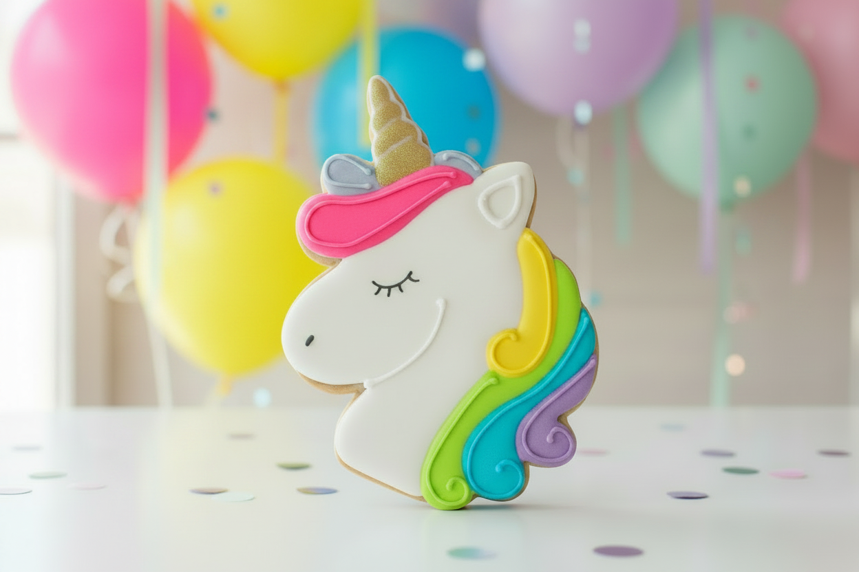 Neon bright unicorn birthday sugar cookie on a vibrant party background