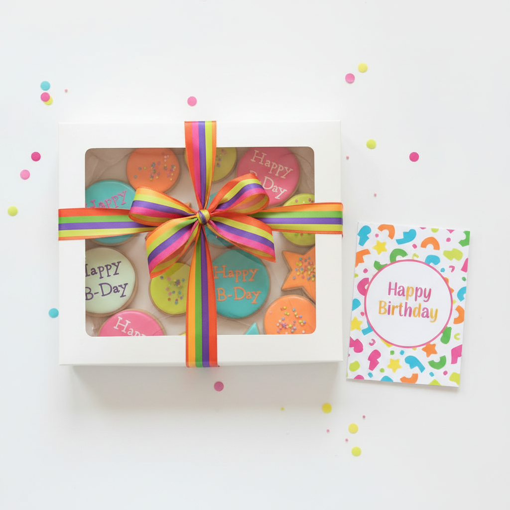 Bright neon birthday cookies in windowed gift box with matching bow and card