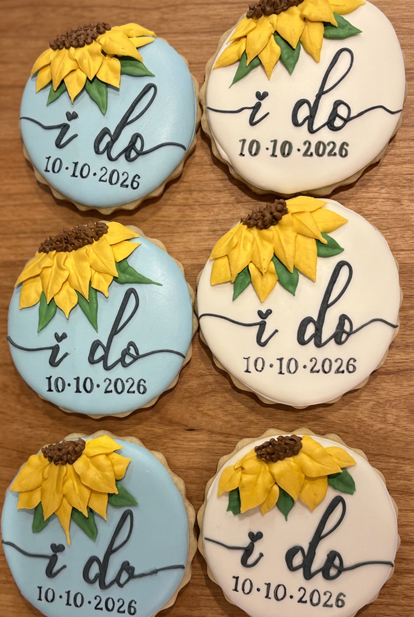 Sunflower I do wedding cookies on a wooden table