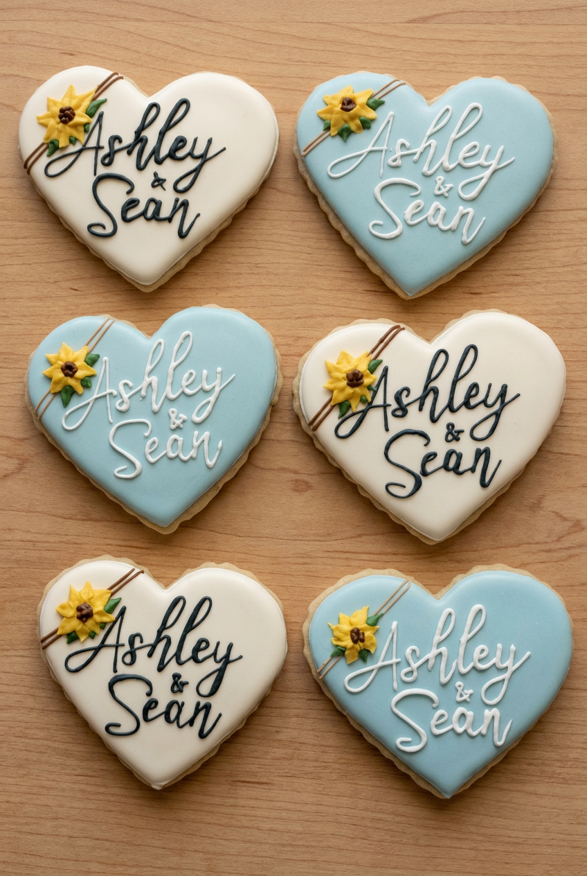 Sunflower wedding heart cookies on a warm wooden table